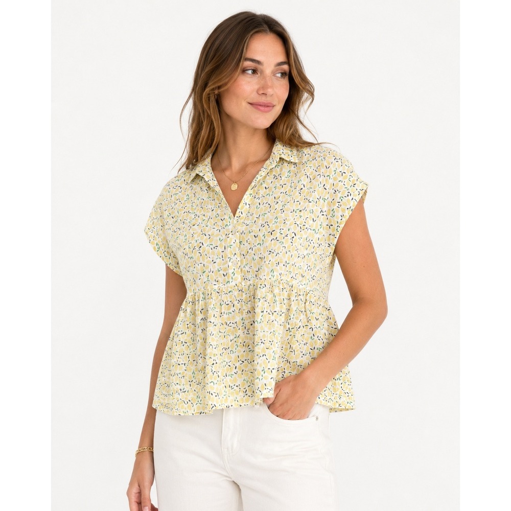 100% Linen Lemon Print Peplum Blouse Womens XS Yellow Cottagecore Coastal Summer